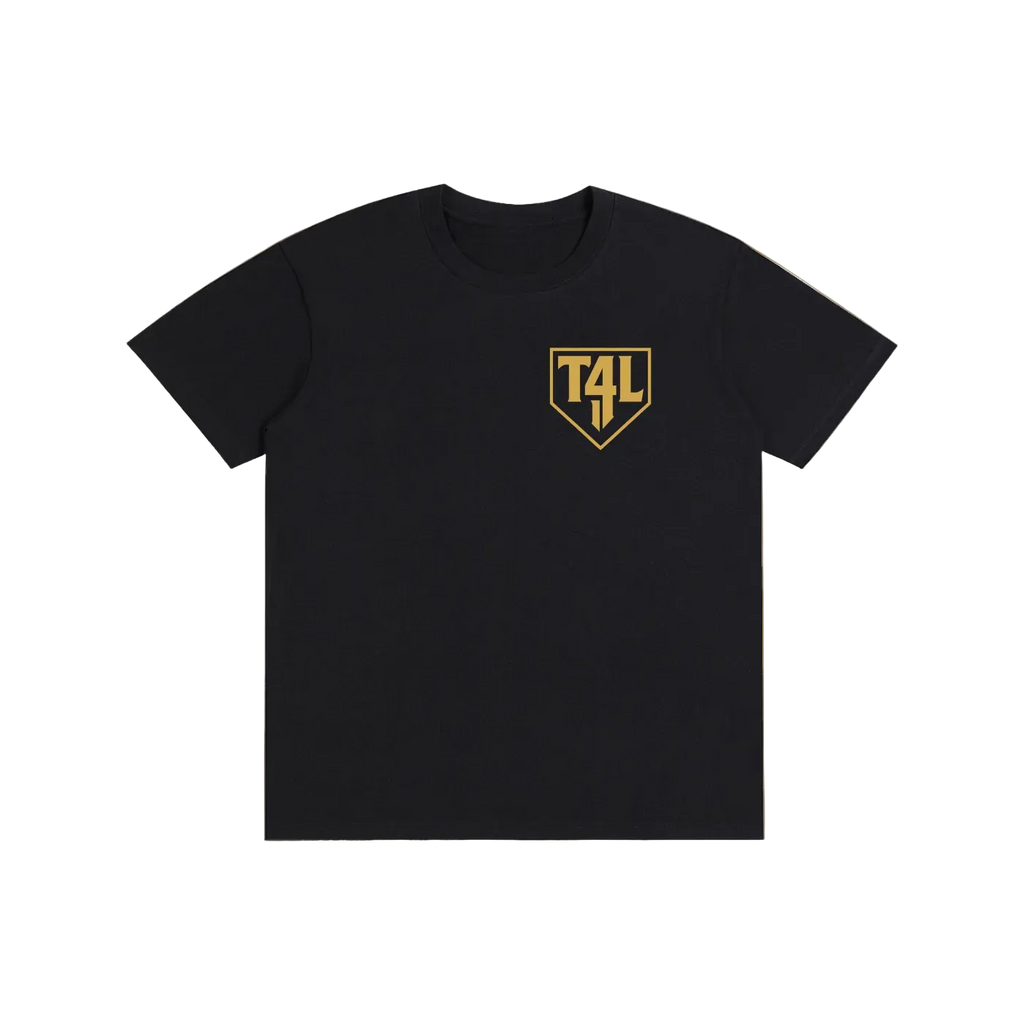 Black t-shirt with a gold logo