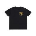 Black t-shirt with a gold logo