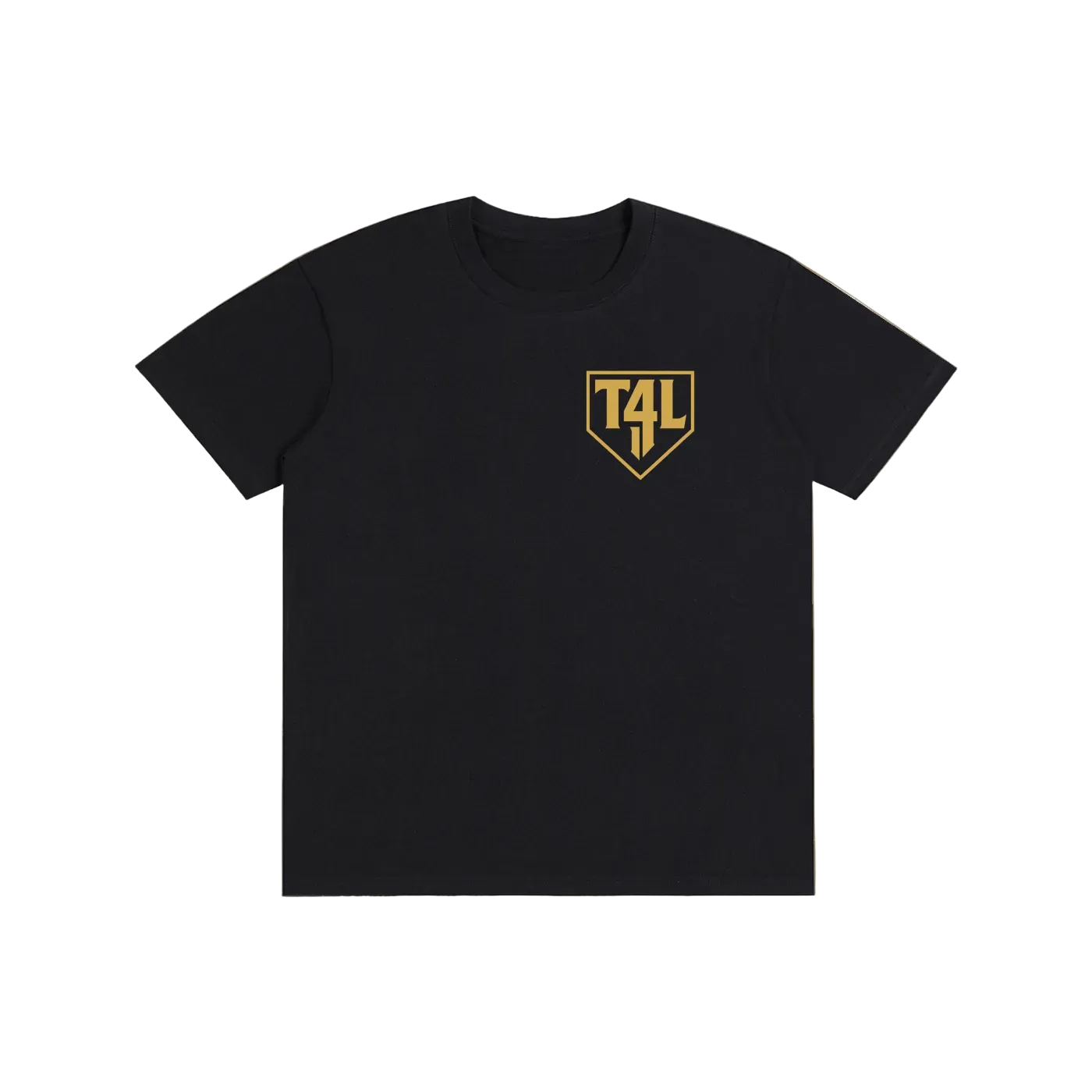 Black t-shirt with a gold logo
