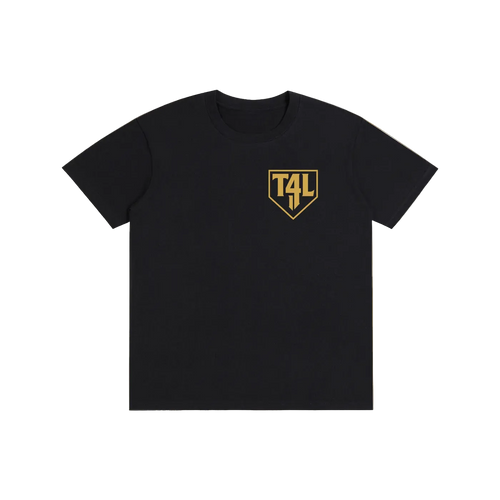 Black t-shirt with a gold logo