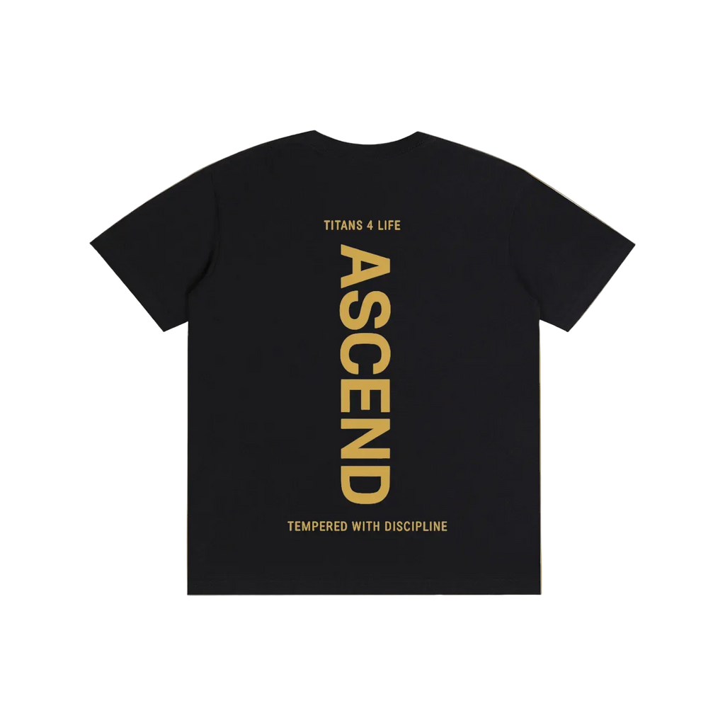 Black t-shirt with gold text 