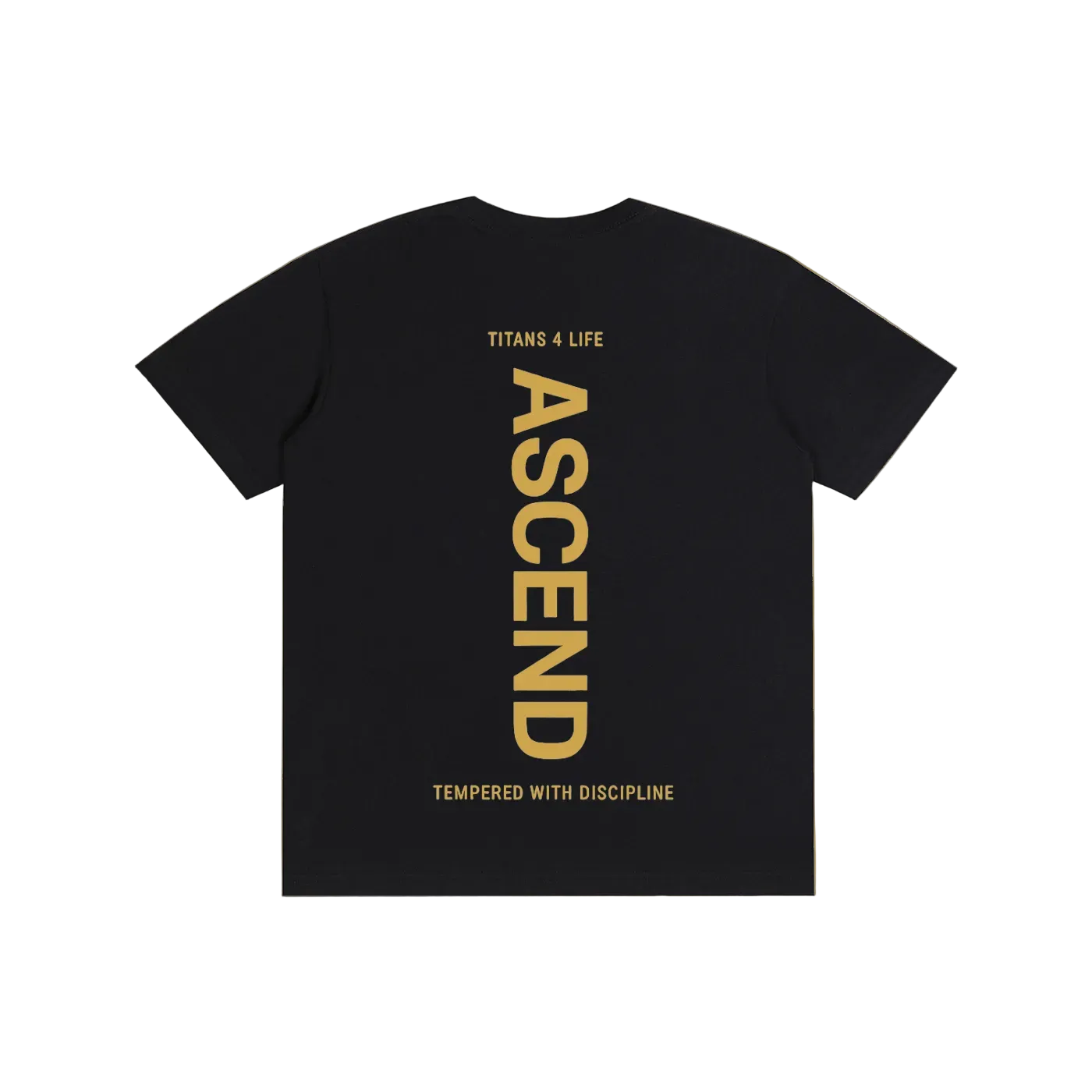 Black t-shirt with gold text 