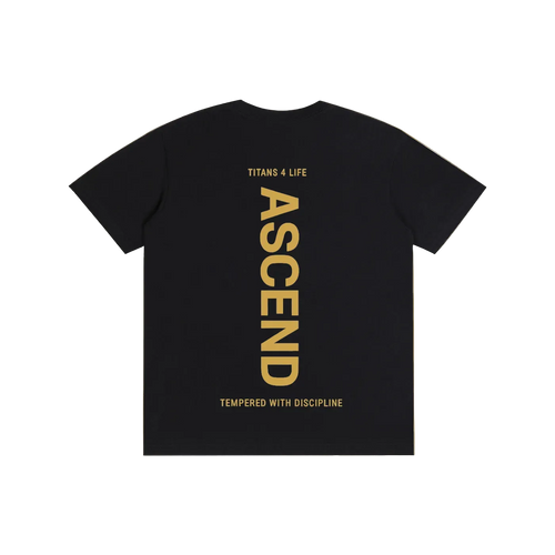 Black t-shirt with gold text 